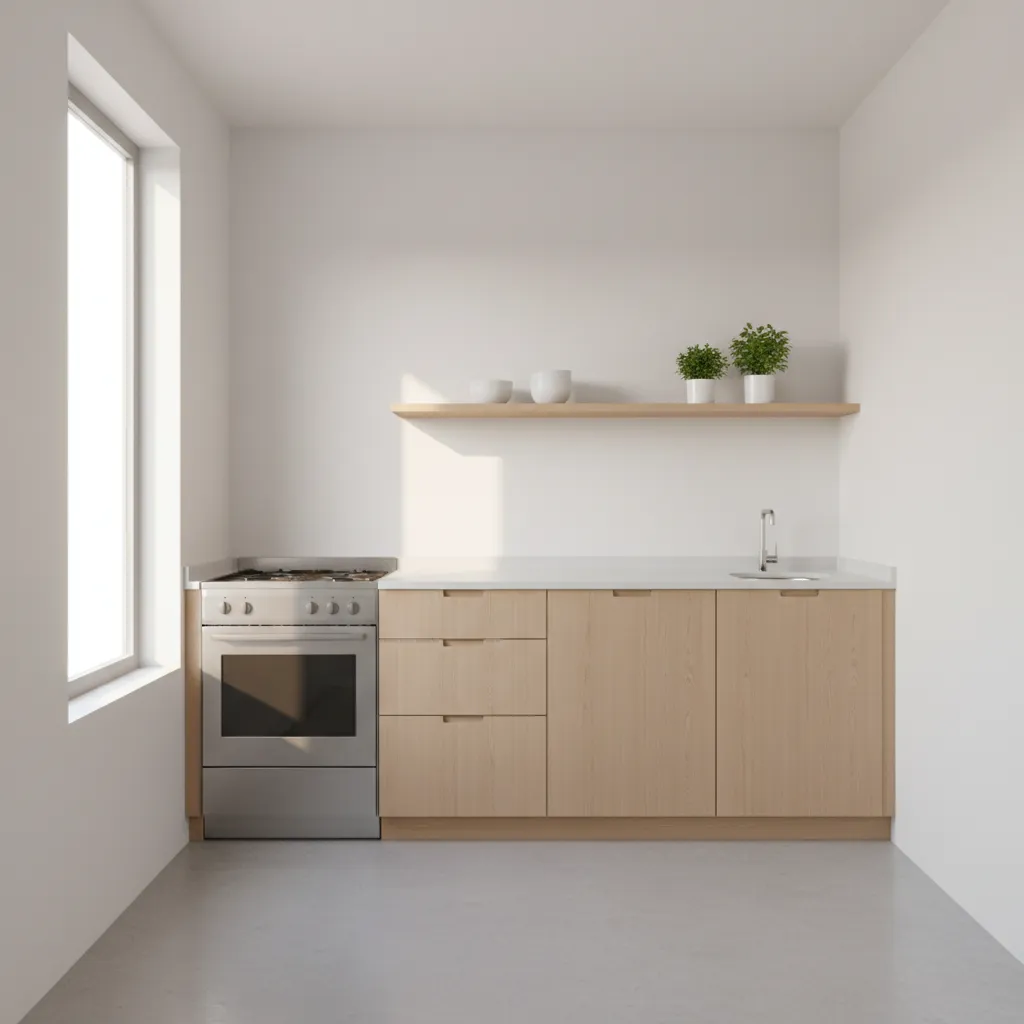 small house single wall kitchen layout with simple cabinets