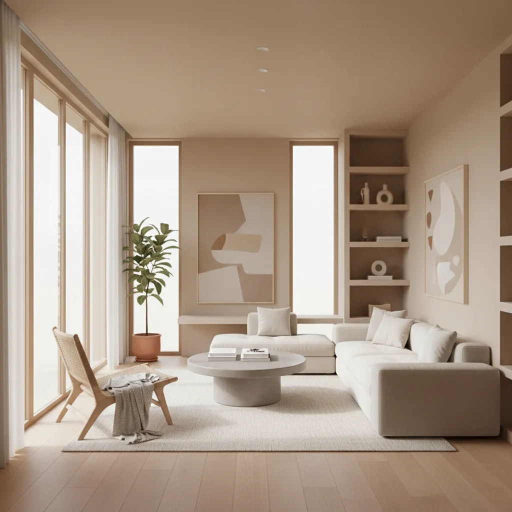 Minimalist beige living room with large white sofa round coffee table wicker chair and art