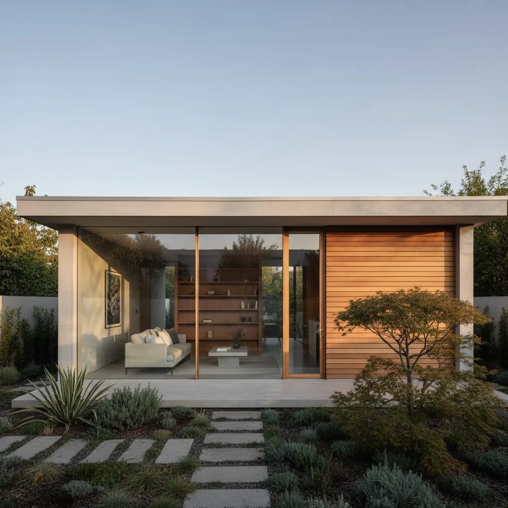 Modern single story house with wood walls large windows garden path and sofa visible inside