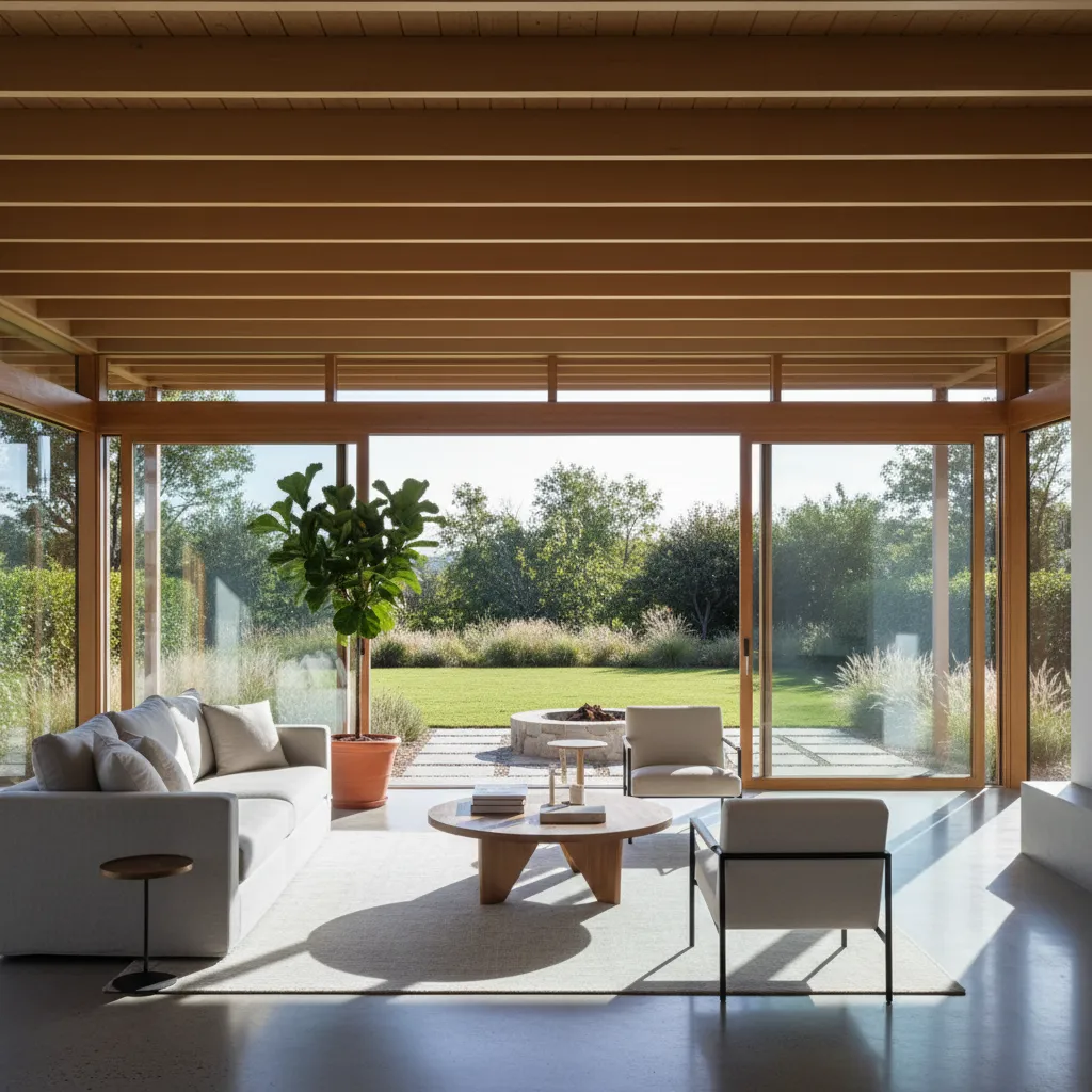 Nhà cấp 4 với cửa kính lớn và ánh sáng tự nhiên giúp không gian rộng hơn