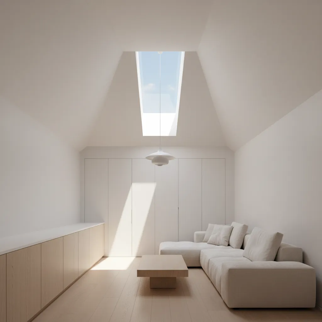 Narrow white living room with beige sofa wooden floor low table and bright roof window