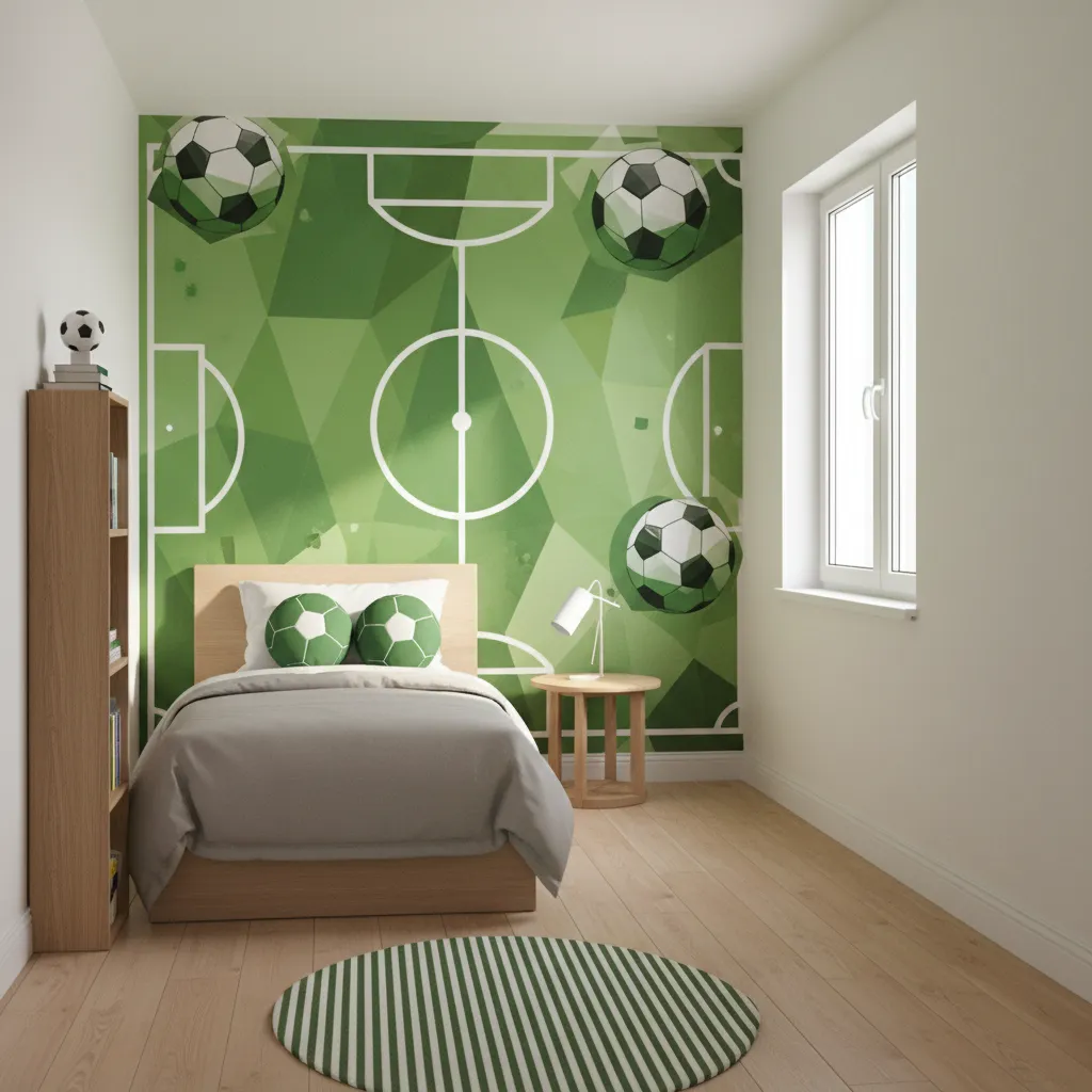 compact soccer themed bedroom with wall mural and simple furniture