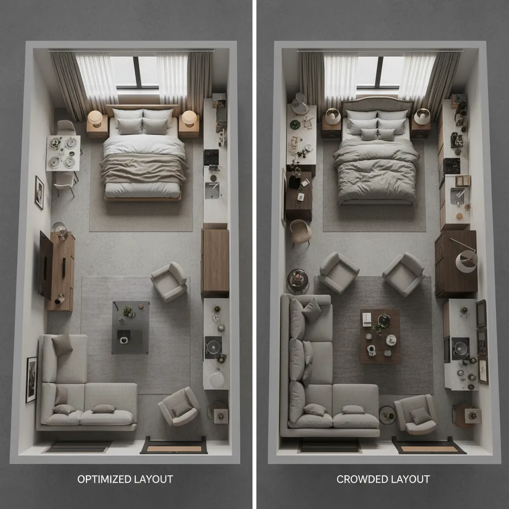 3D interior visualization comparing optimized and inefficient small room layouts