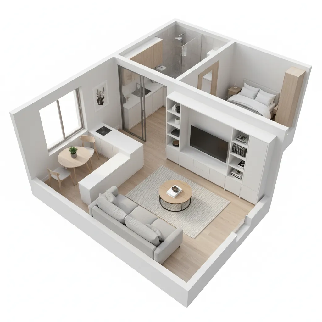 3D floor plan showing furniture arrangement optimization in a small apartment