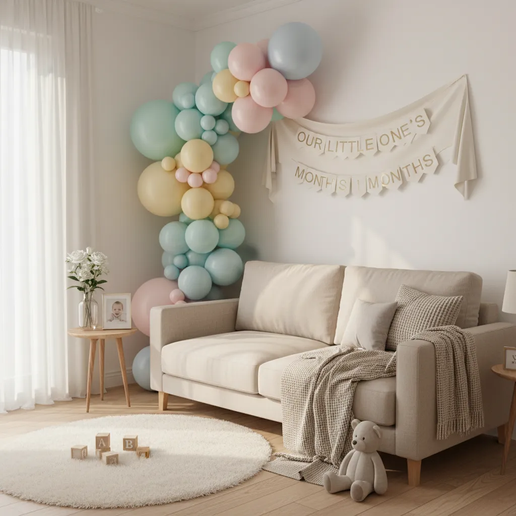 compact baby milestone decoration corner with balloons and banner in small living room