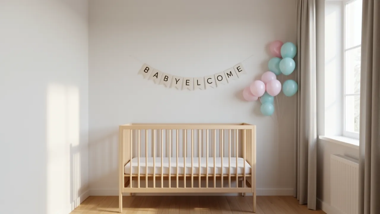 Minimal baby welcome banner and balloons on apartment wall