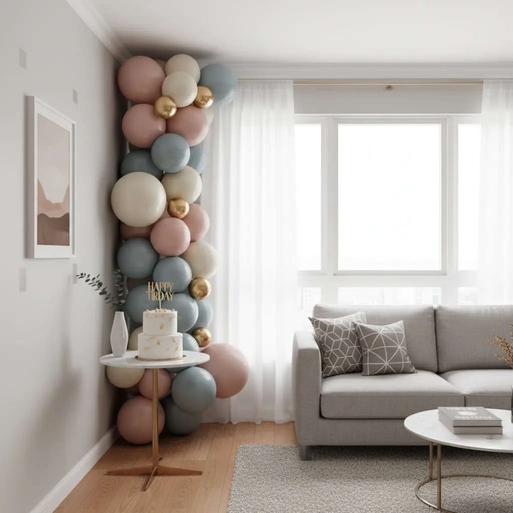 Small apartment birthday wall with vertical balloon decoration