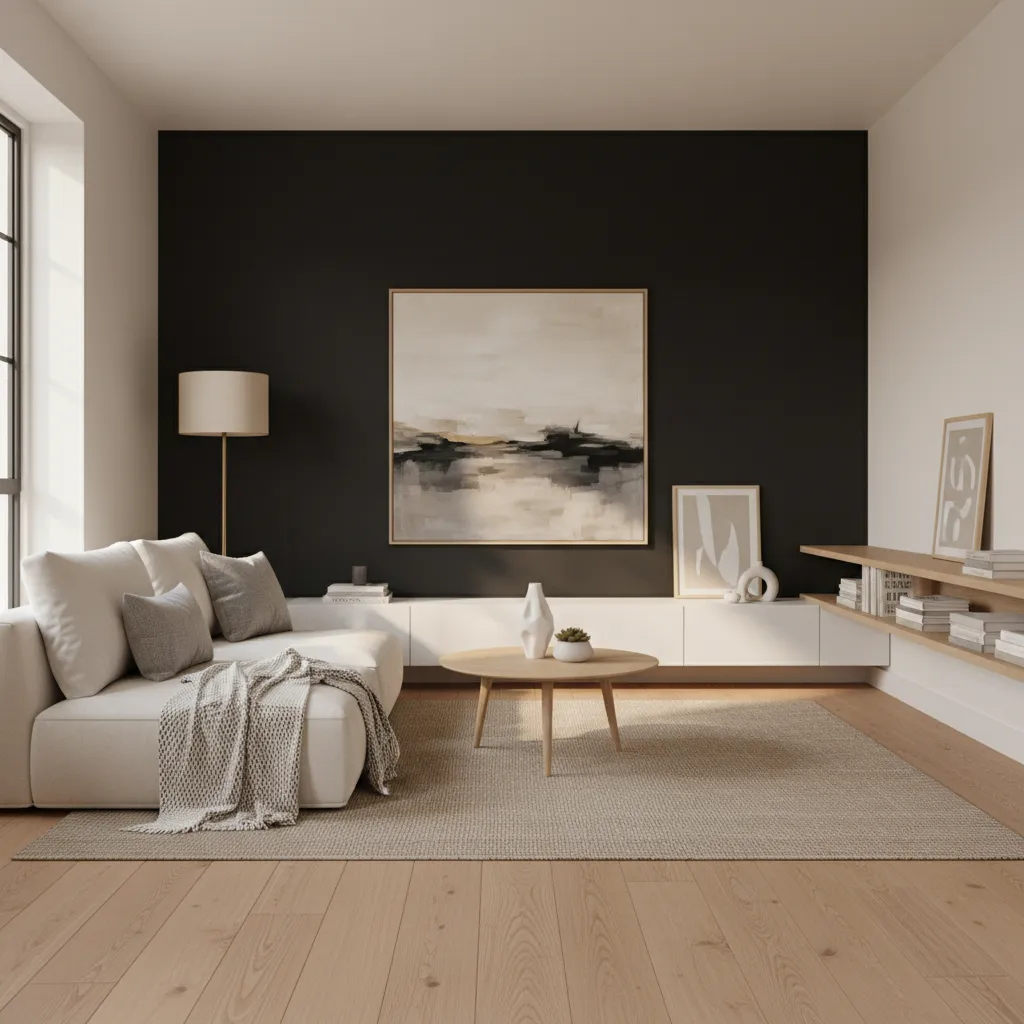 Living room with black accent wall white sofa wooden coffee table floor lamp large painting