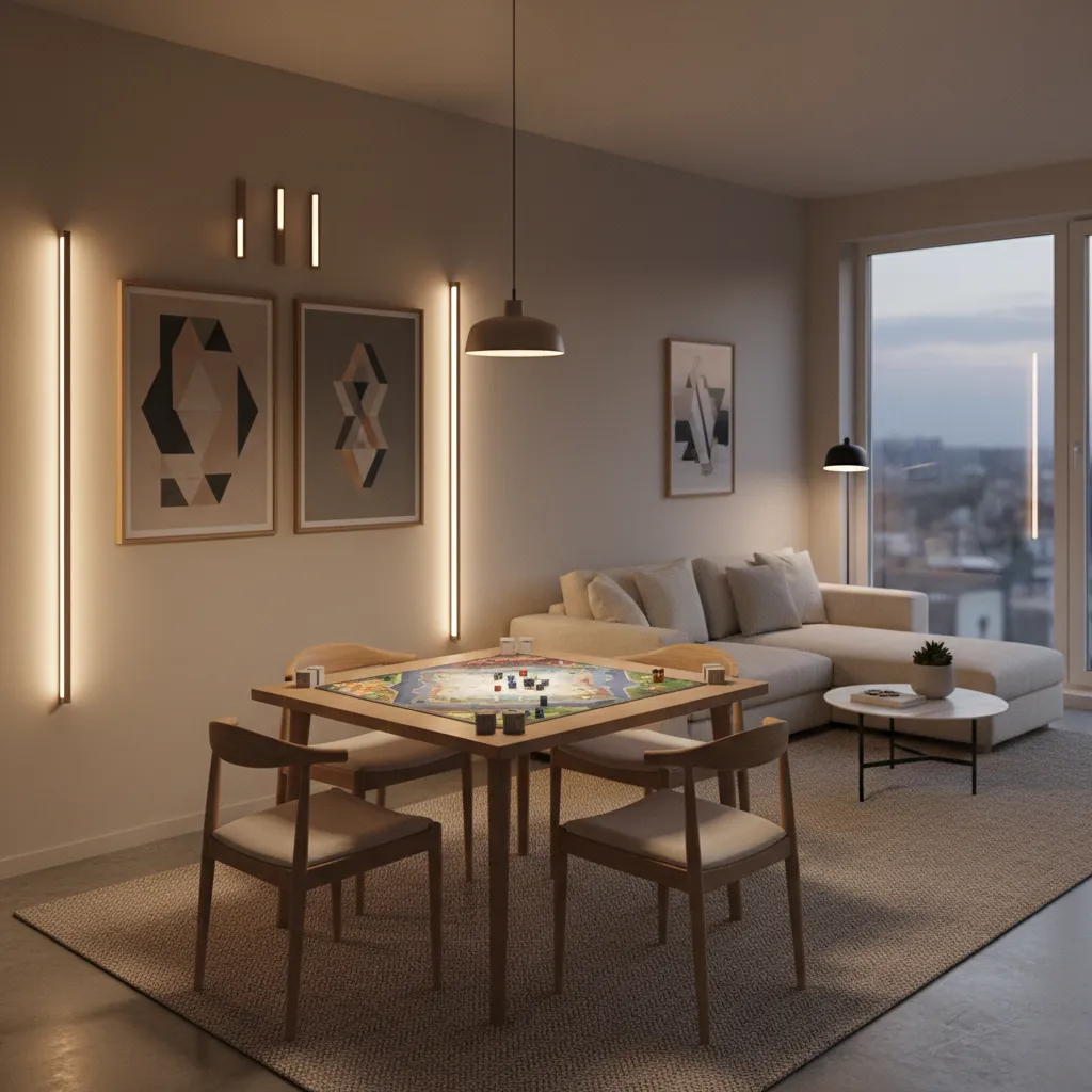 Small apartment game night setup with vertical decorations and clear table