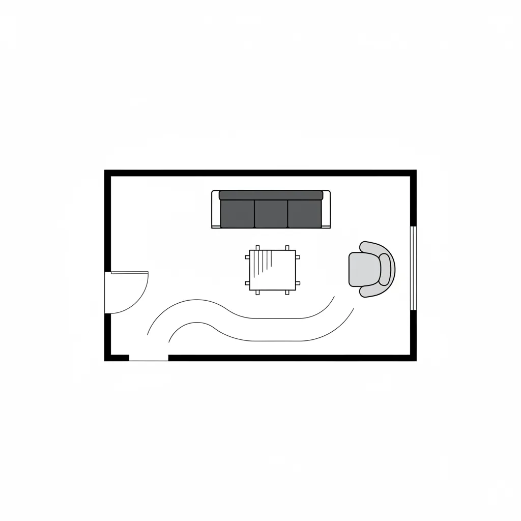 Living room layout showing circulation space around accent chair