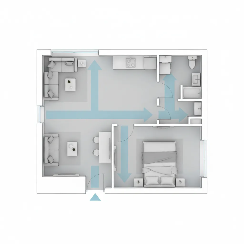 Floor plan diagram showing walking circulation paths in a small apartment