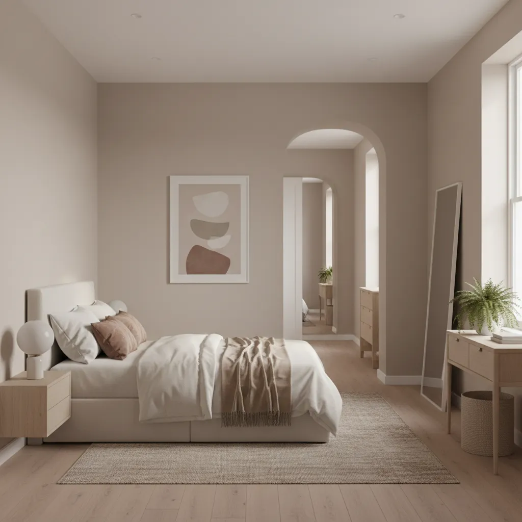 compact apartment interior showing layered neutral palette with accent decor
