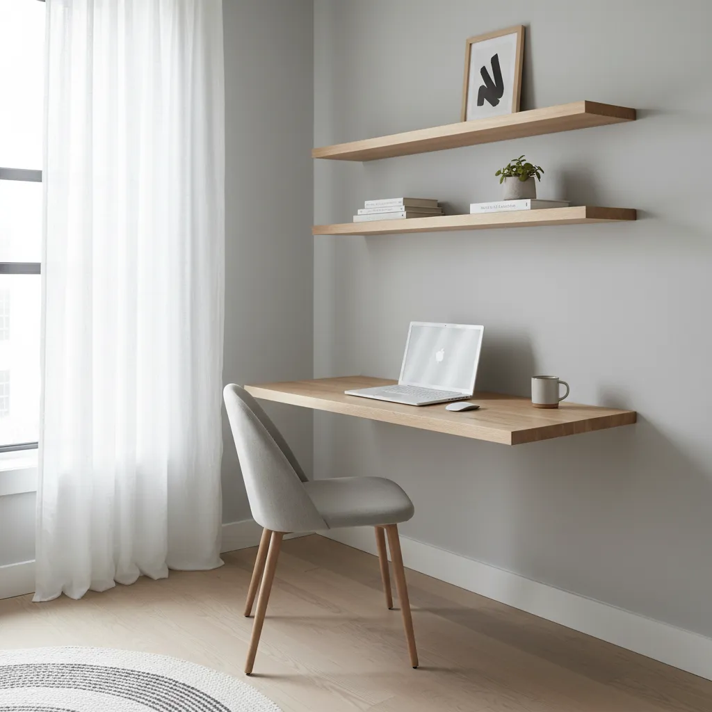Escritorio flotante en un apartamento pequeño con estanterías