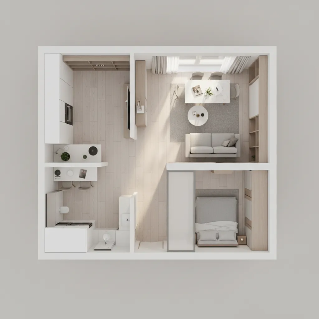 Small apartment floor layout showing efficient furniture placement and space optimization