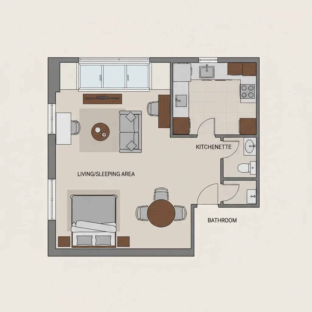 2D floor plan layout showing furniture placement in a small apartment