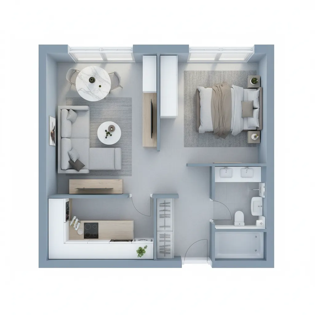 Compact apartment floor plan optimized with smart furniture layout
