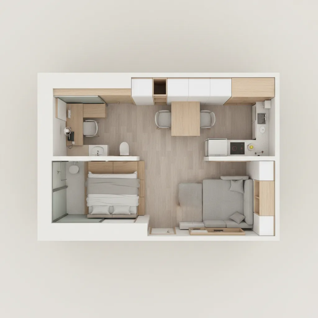Optimized small apartment floor plan showing furniture placement and open circulation