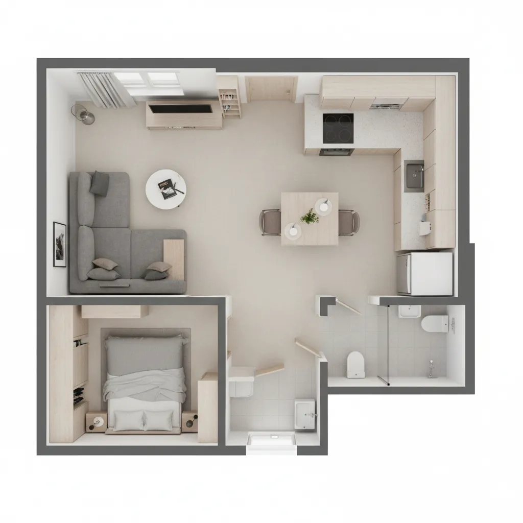 Optimized small home floor plan with efficient furniture placement