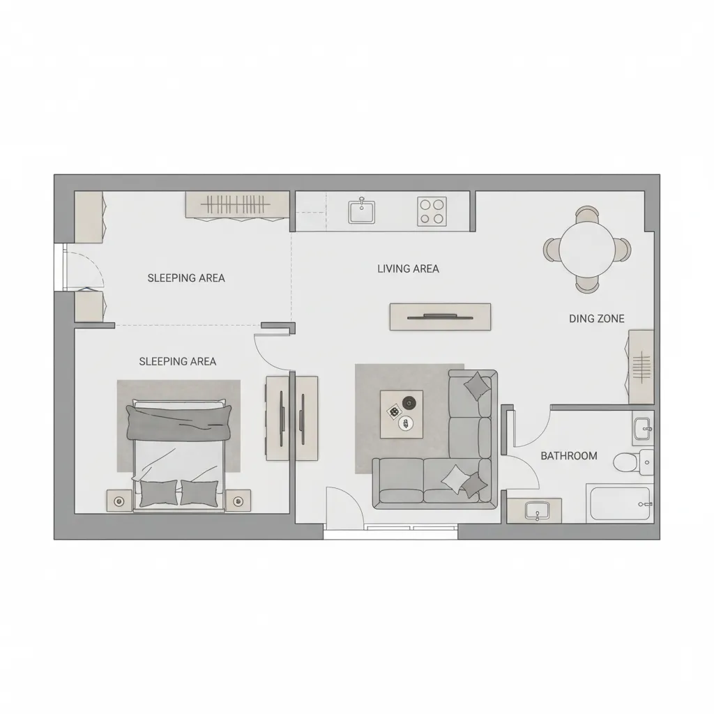 Small apartment floor plan showing zoning for living sleeping and dining areas