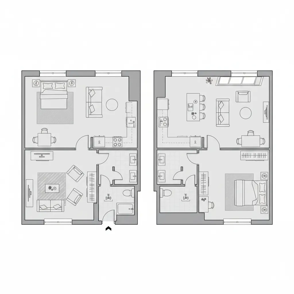 Comparison of two small apartment furniture layouts in 2D floor plan