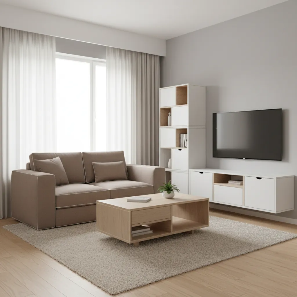 3D visualization of compact room furniture arrangement