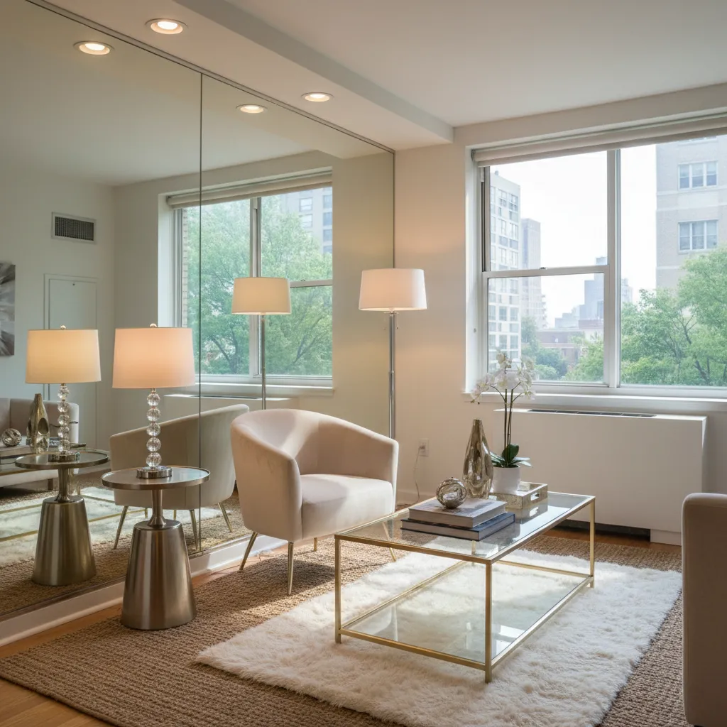 small apartment living room with mirror and metallic decor creating spacious glam look
