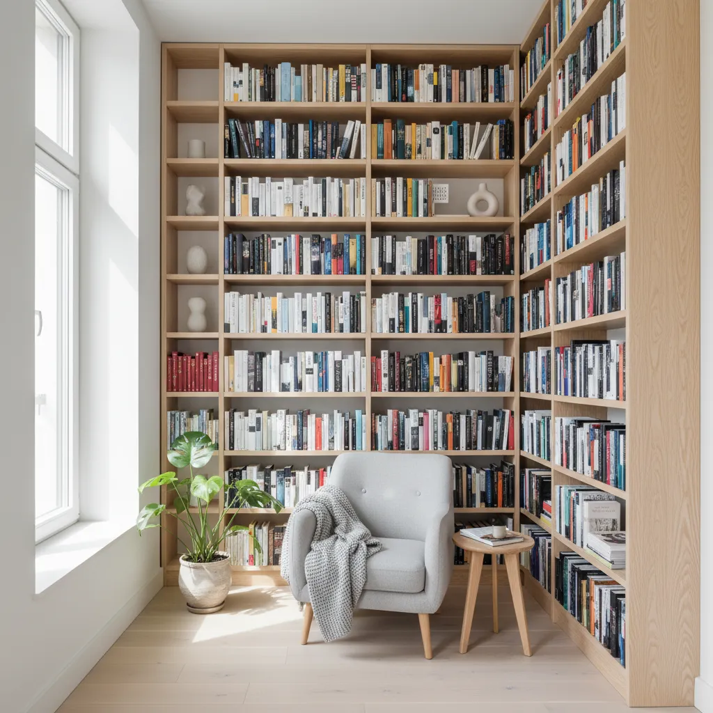 Biblioteca vertical en un espacio pequeño de apartamento