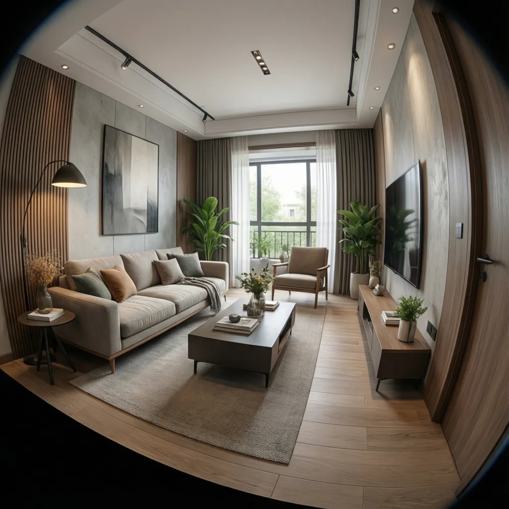 Mô hình 3D bố trí nội thất phòng khách nhỏ với sofa và bàn trà