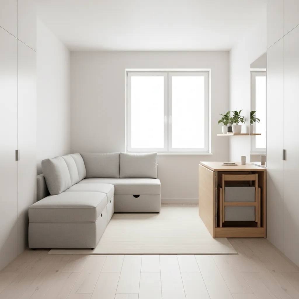 Small apartment interior with smart storage and multifunction furniture