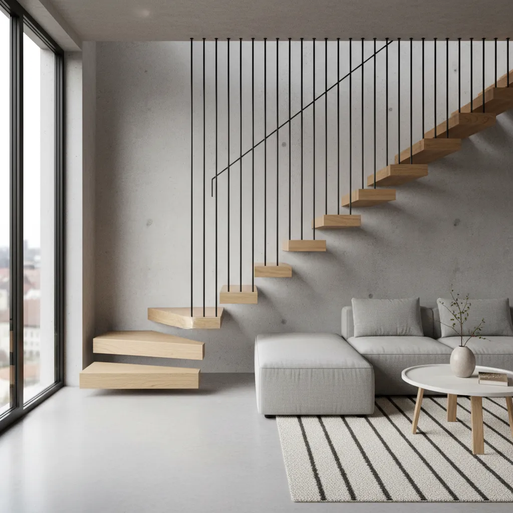 Modern floating wooden stairs with thin black vertical rails beside a grey sofa and carpet