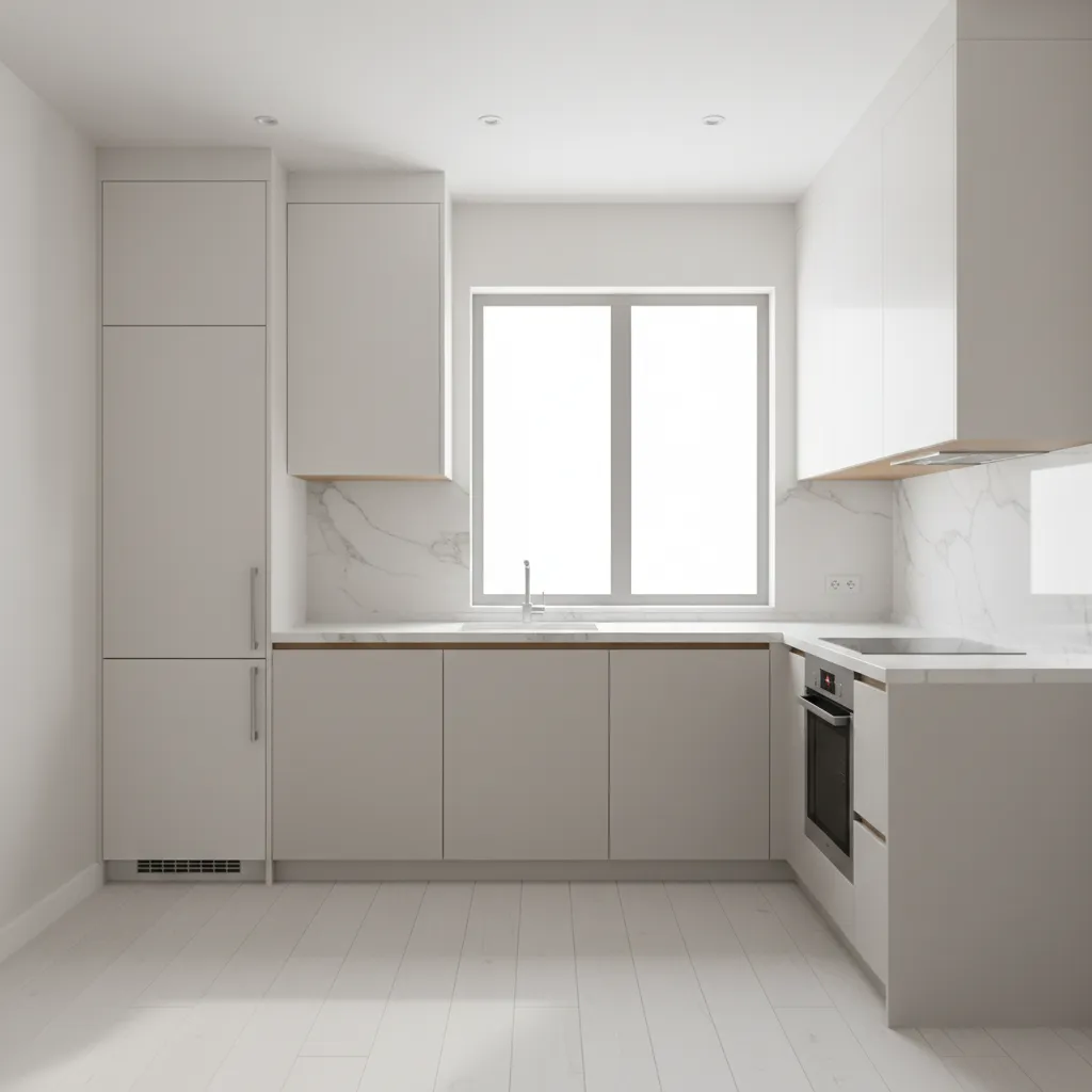 Minimalist white modern kitchen with marble backsplash window oven cabinets sink and light wood flooring