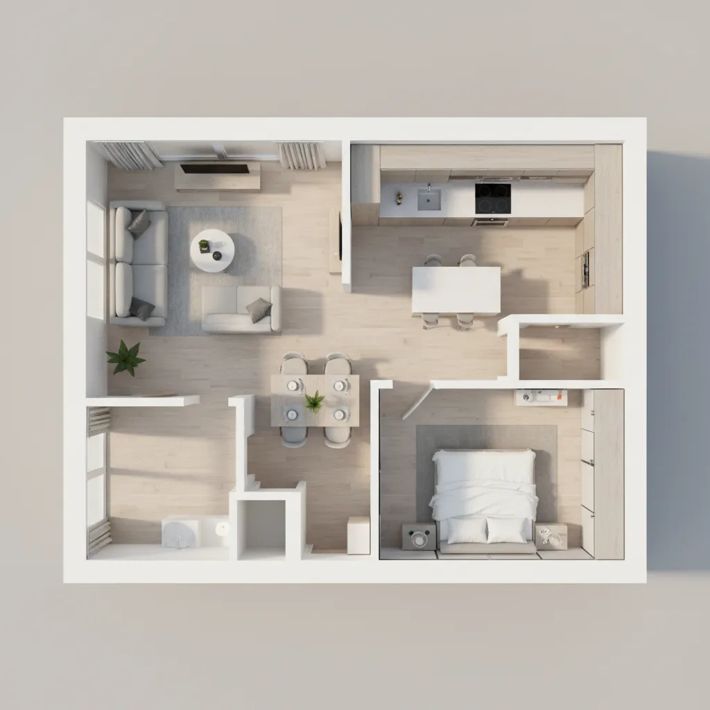 3D floor plan rendering of compact apartment layout with furniture placement