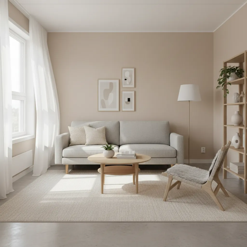 Minimalist neutral living room featuring gray sofa round wood coffee table white curtains and floor lamp