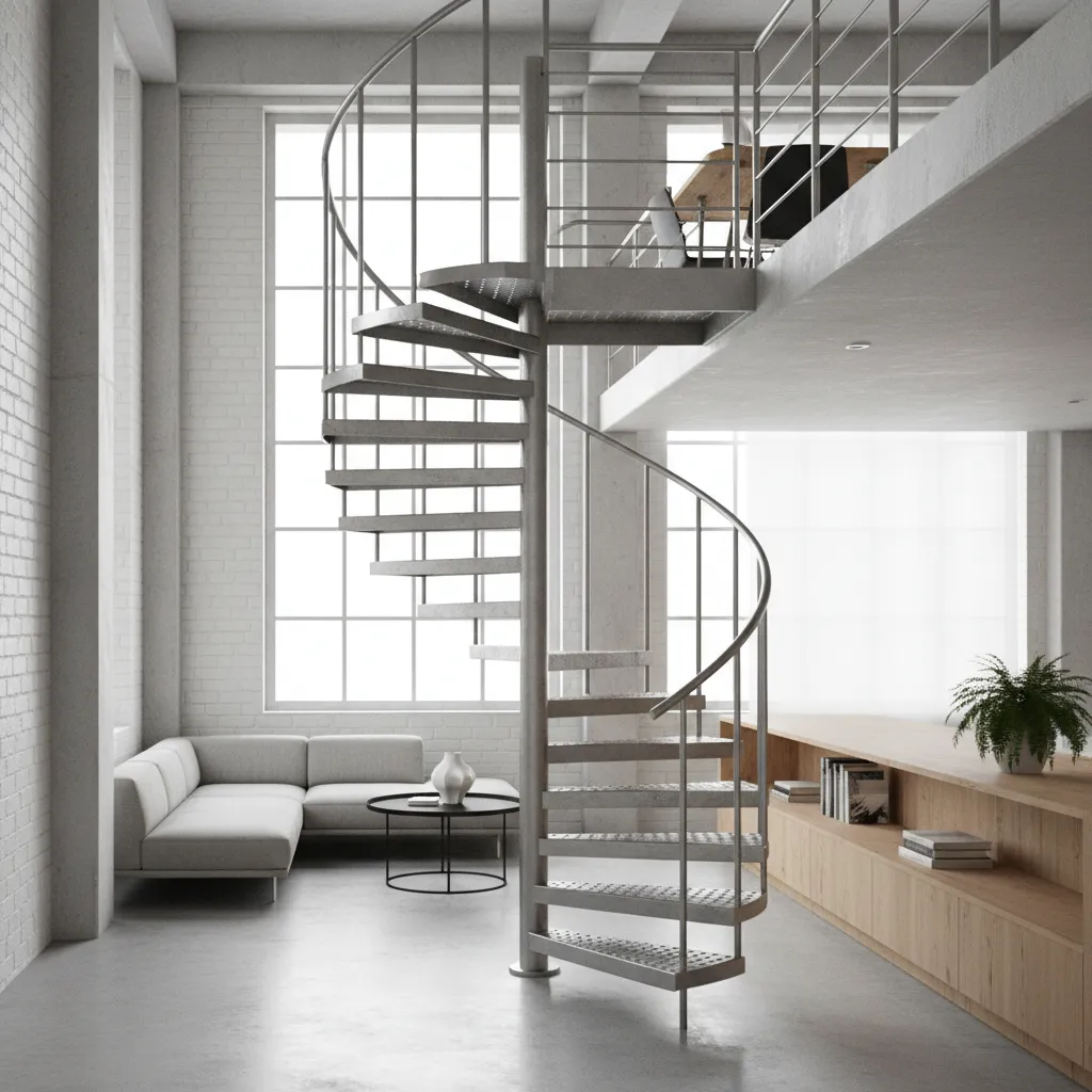 Escalera metálica moderna en apartamento pequeño