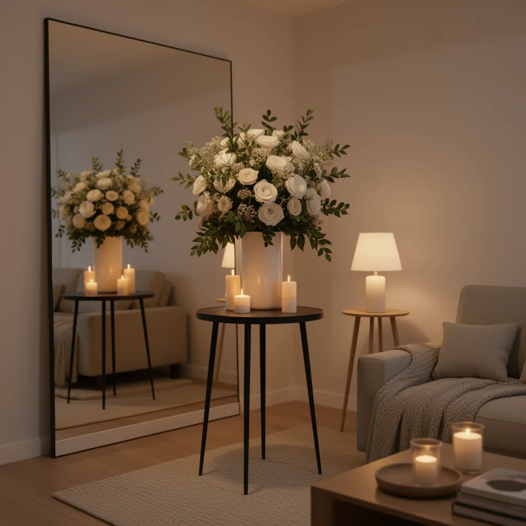 Elegant small party decor with tall flowers candles and warm lighting