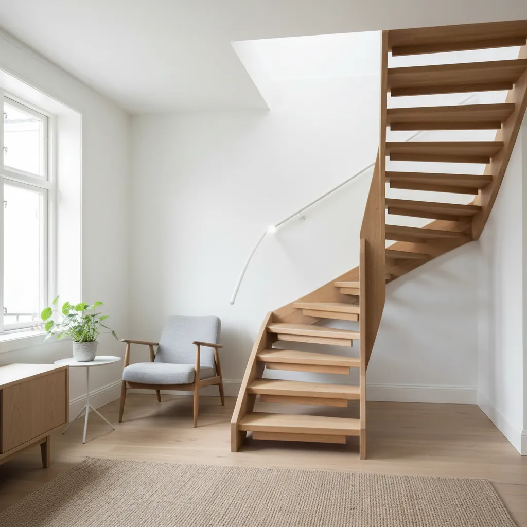 Minimalist bright white room featuring a light wood spiral staircase grey chair and brown rug
