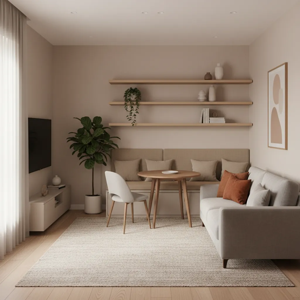 Small living dining room with storage bench and wall shelving