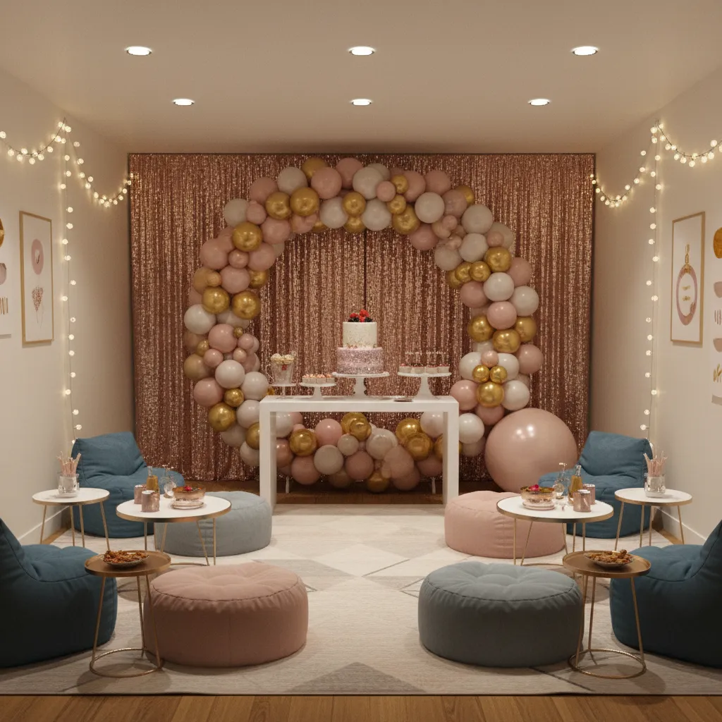 small living room arranged for a teen birthday party with backdrop and cake table focal area