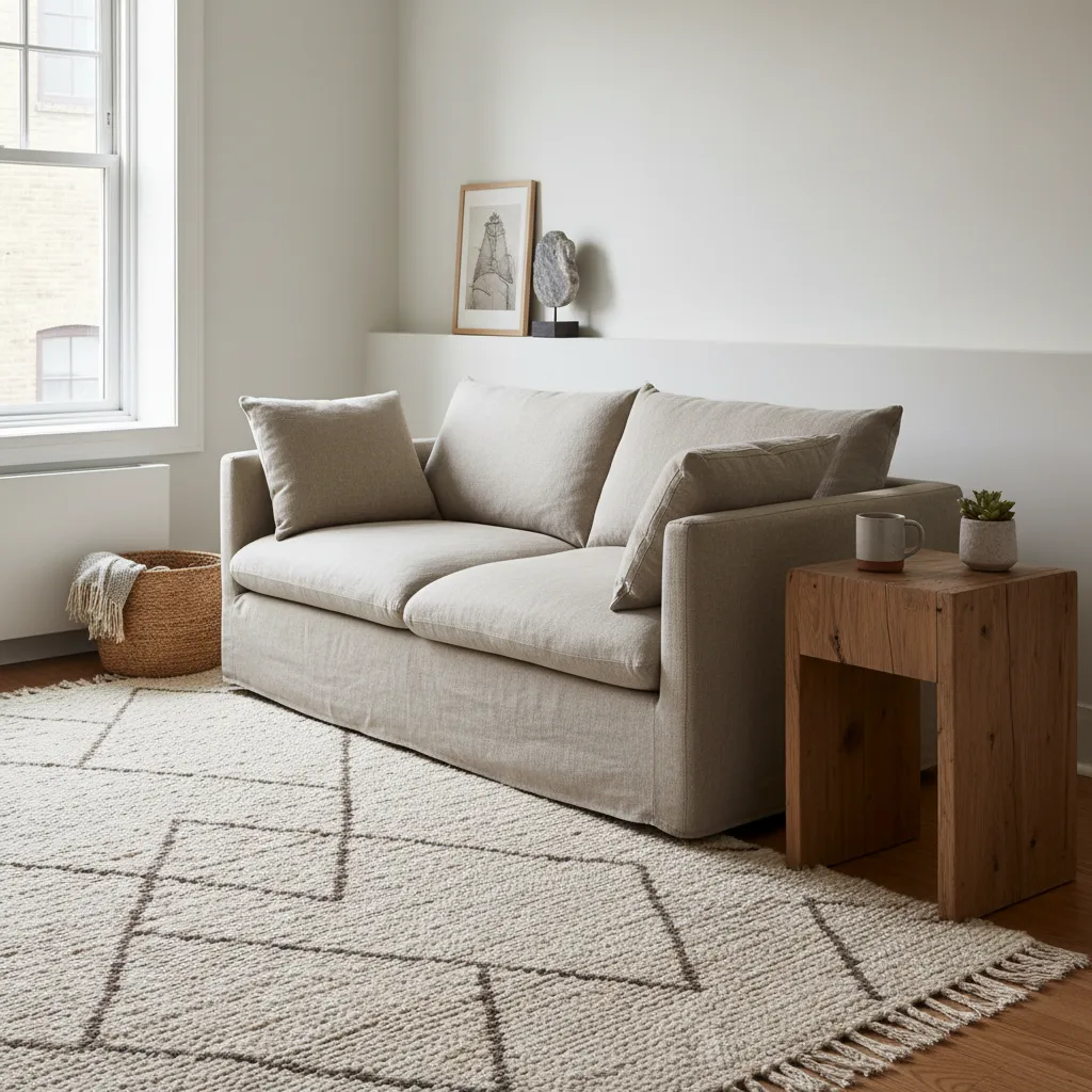 Beige sofa in a minimalist living room with wooden side table, patterned rug, and natural light