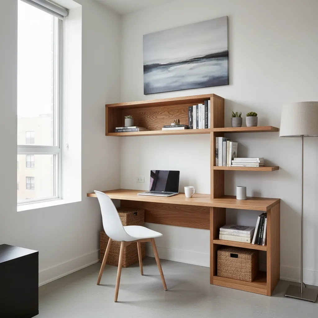 Wooden desk with shelving unit featuring a white chair a laptop and tall floor lamp
