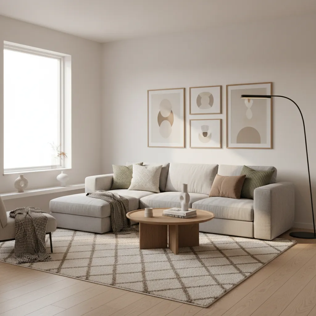 Minimalist living room with beige sofa wooden coffee table patterned rug and four framed artworks
