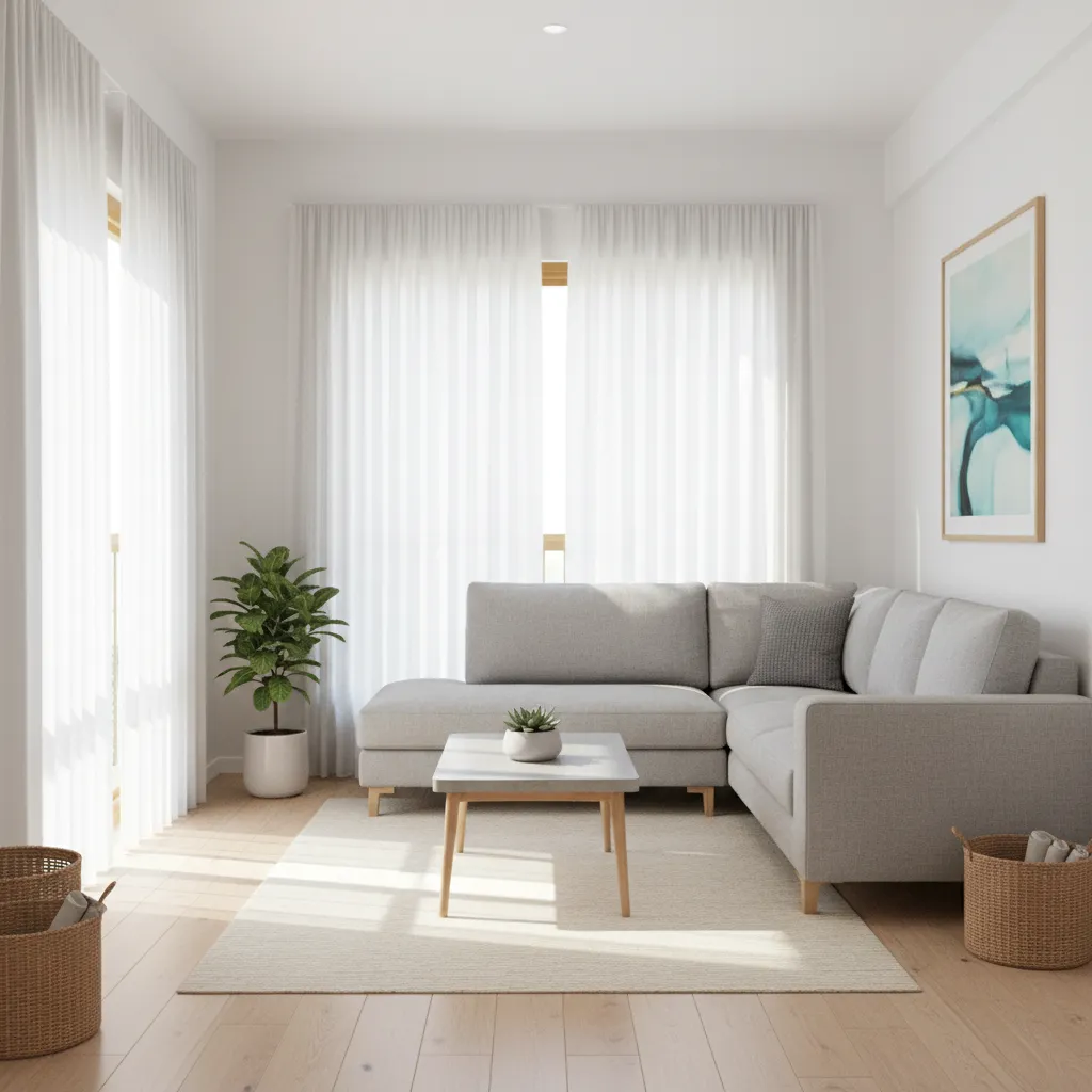 Small Sri Lankan apartment living room with compact sectional sofa