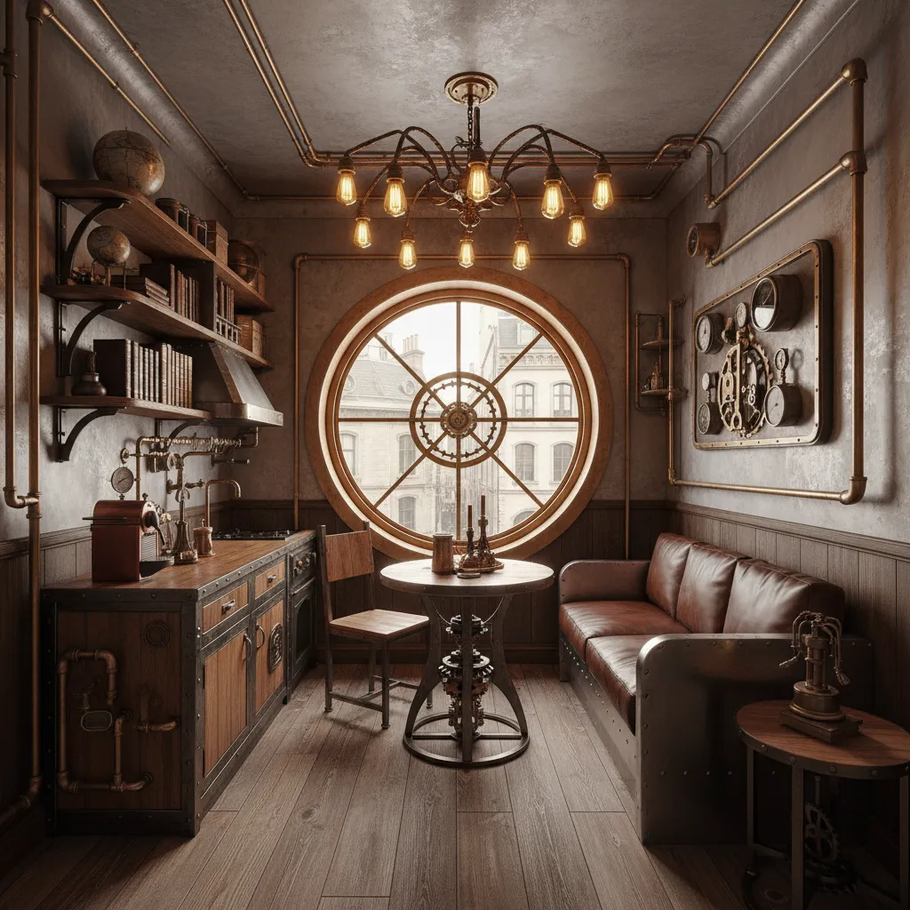 Apartamento pequeño con detalles steampunk y iluminación industrial
