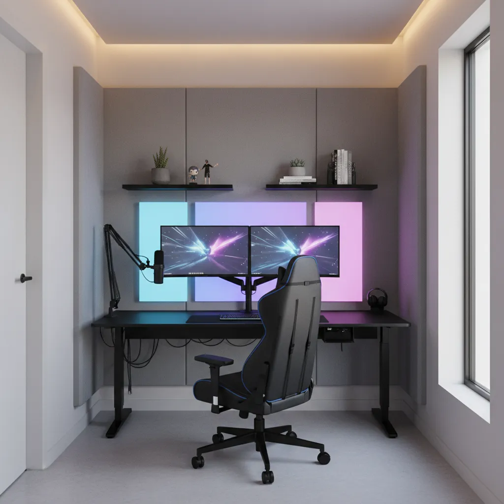 compact streamer room layout with gaming desk monitors lighting and shelves