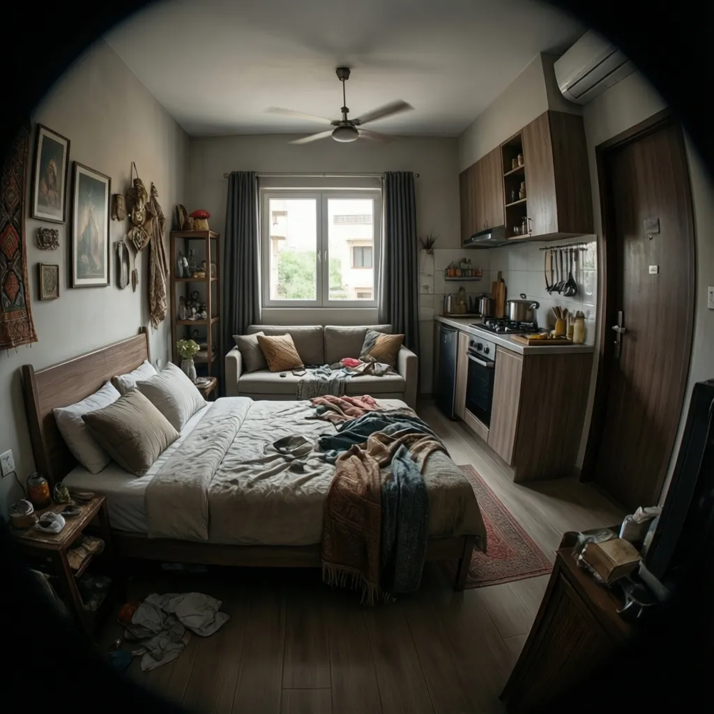 Open studio apartment layout before converting to 1 BHK