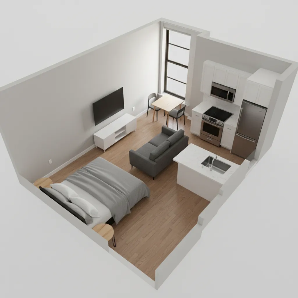 Small Chicago studio apartment layout with bed kitchen and living space