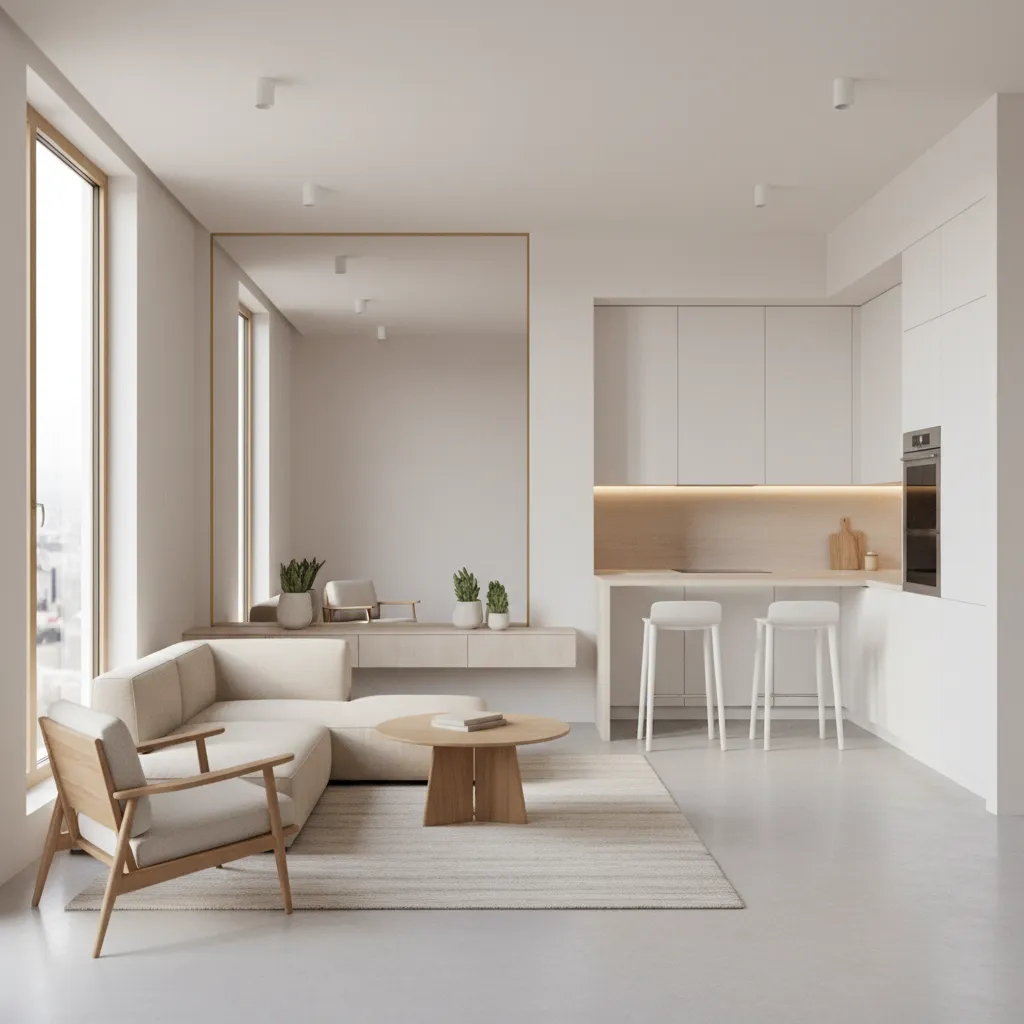 light neutral studio apartment interior that feels spacious