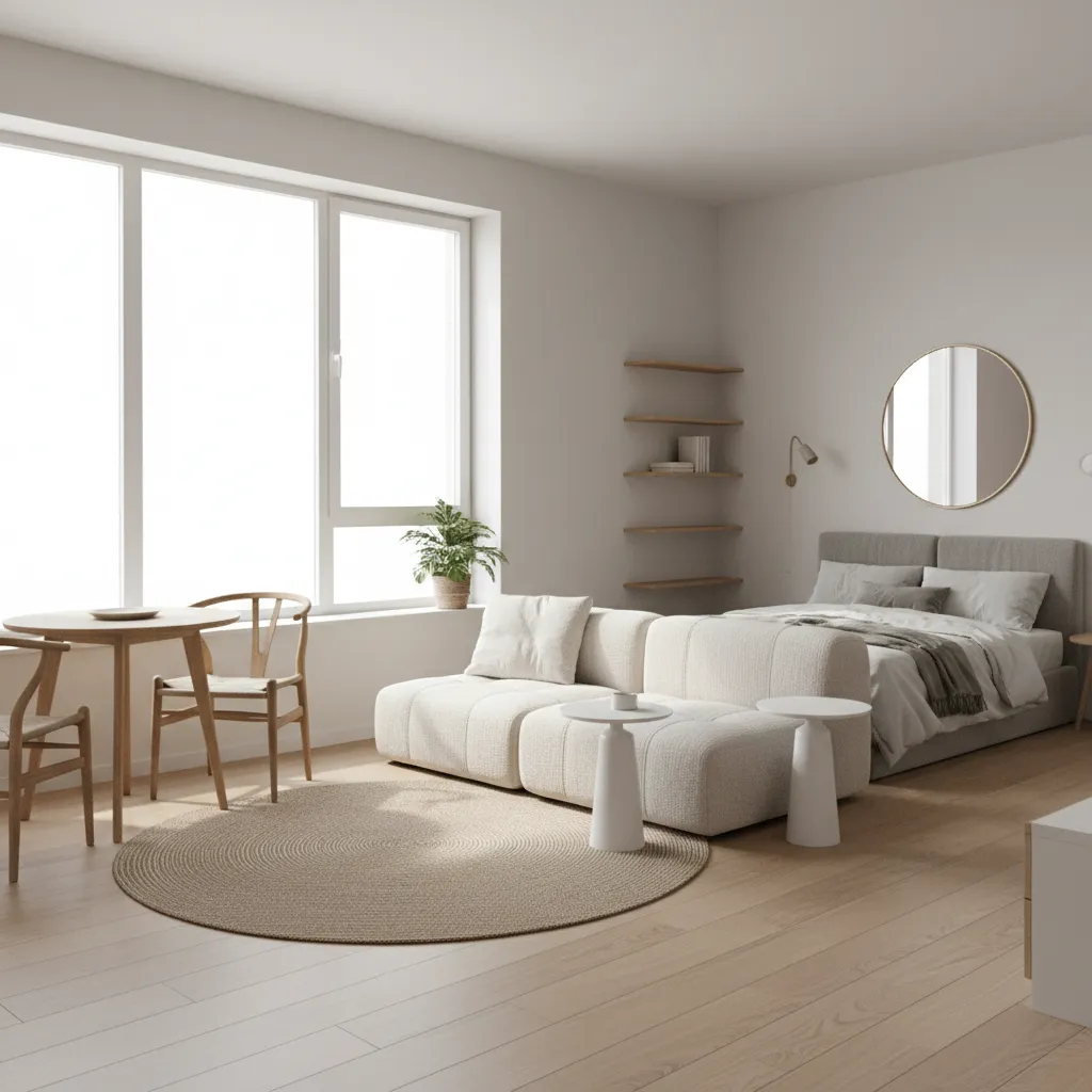 Bright studio apartment interior design drawing with a dining table sofa bed and wooden floor