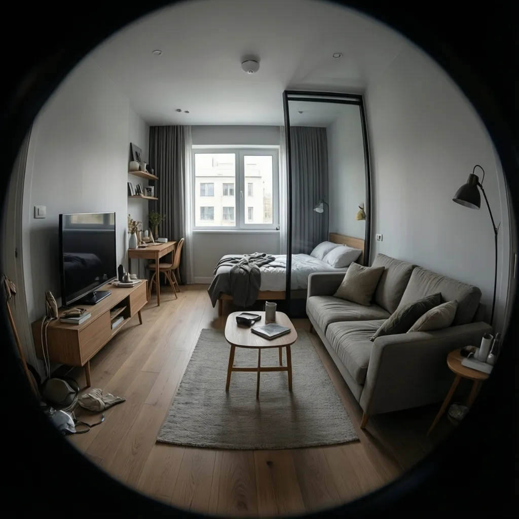 Compact studio apartment layout divided into living and sleeping areas