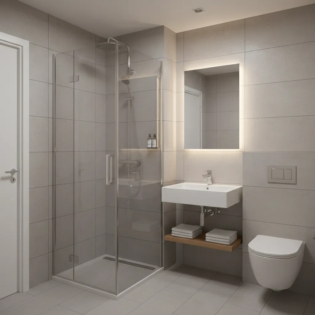 Compact bathroom with corner shower for studio apartment